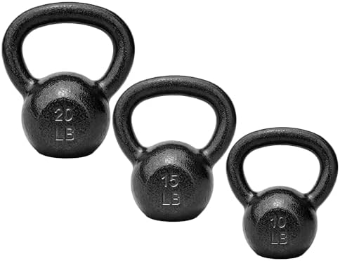 Cast Iron Kettlebell Weights Set, 10/15/20 Pound Options, Gray | 10-20 lb Cast Iron Kettlebell Strength Training Weights with Wide Handles and Flat Bottoms for Home Gym Fitness