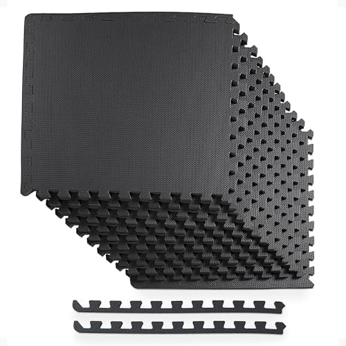 Puzzle Exercise Mat 1/2" Thick, EVA Interlocking Foam Floor Tiles for Home Gym, Mat for Home Workout Equipment, Floor Padding for Kids, Black, 24 in x 24 in x 1/2 in, 48 Sq Ft - 12 Tiles