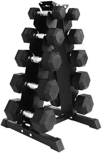 Rubber Coated Hex Dumbbell Set with A-Frame Rack, 150LBS Set | Solid Cast Iron Home Gym Weights with Chrome Handles for Full-Body Strength Training and Muscle Toning