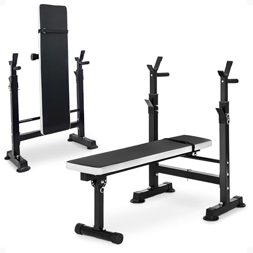 Steel Weight Bench with Squat Rack, Adjustable Seat, and Recliner – Foldable Home Gym Equipment with 6-Position Barbell Holder and Leg Developer, 400 Pound User Capacity